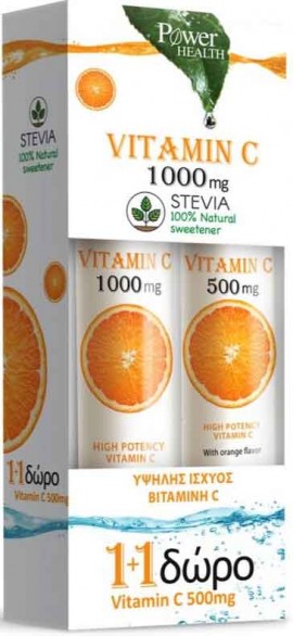 Power Health 1+1, Vitamic C 1000mg με Στέβια 24 αναβρ.δισκία & ΔΩΡΟ Vitamin C 500mg 20 αναβρ.δισκία