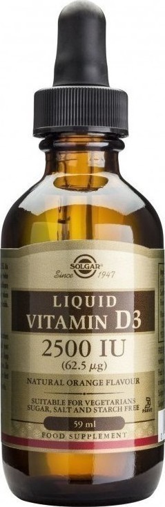 Solgar Liquid Vitamin D3 2500 IU 62.5 µg, Natural Orange Flavour, Συμπλήρωμα Διατροφής για την καλή υγεία του Ανοσοποιητικού συστήματος, με γεύση προτοκάλι 59ml