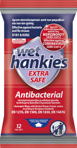 Wet Hankies Extra Safe Antibacterial , Υγρά Μαντηλάκια Καθαρισμού με αποτελεσματική δράση κατά του Κορωνοϊού, Μικροβίων & των Ιών Γρίπης 12pcs
