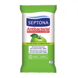 Septona Antibacterial, Αντιβακτηριδιακά Μαντήλια Χεριών με Άρωμα Πράσινο Μήλο 15τμχ