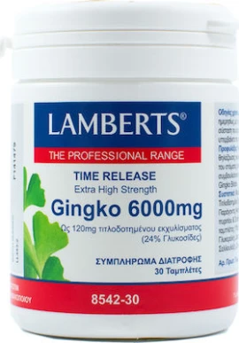 Lamberts Ginkgo Biloba Extract 6000mg, Συμπλήρωμα διατροφής για την Διατήρηση της Βραχυπρόθεσμης Μνήμης, 30tabs