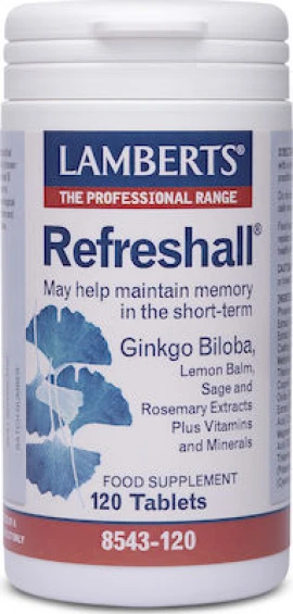 Lamberts Refreshall, Συμπλήρωμα Διατροφής Σύμπλεγμα Gingko, Βάλσαμο λεμονιού, Φασκόμηλο και Δεντρολίβανο για την Ενίσχυση της Μνήμης 120 Tabs