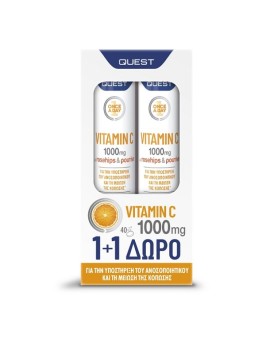 Quest 1+1 Δώρο Vitamin C 1000mg Αναβράζουσα Βιταμίνη C με Ρουτίνη & Rose Hip, 40 eff.tabs