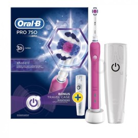 Oral B Pro 750 3D White Toothbrush, Ηλεκτρική Οδοντόβουρτσα & Δώρο Θήκη Ταξιδιού σε Ροζ Χρώμα 1 τμχ