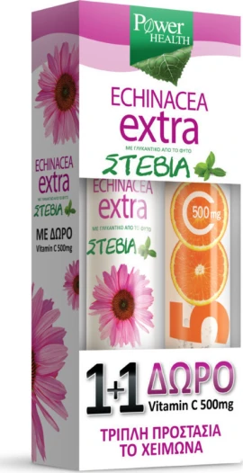 Power Health 1+1, Echinacea Extra με Στέβια 24 αναβρ.δισκία & ΔΩΡΟ Vitamin C 500mg 20 αναβρ.δισκία