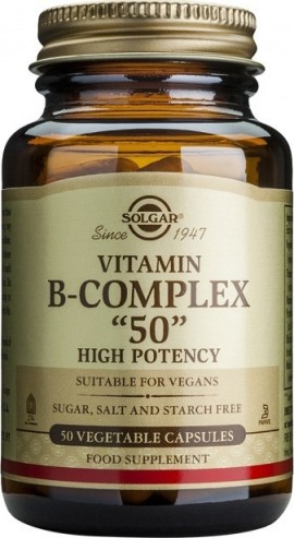 Solgar Vitamin B-Complex 50 High Potency, Συμπλήρωμα διατροφής που περιλαμβάνει όλες τις βασικές βιταμίνες Β καθώς και τις μη βασικές χολίνη, βιοτίνη και ινοσιτόλη 50Veg Tabs