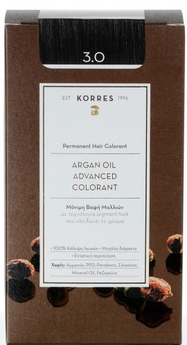 Korres Argan Oil Advanced Colorant Νο 3.0 Dark Brown, Bαφή Μαλλιών - 3.0 - Kαστανό Σκούρο (Κρέμα βαφή 50ml + Γαλάκτωμα ενεργοποίησης 75ml + Κρέμα μαλλιών 20ml)