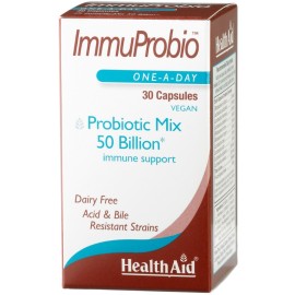Health Aid ImmuProbio 50 billion, Yπέρ-συνδυασμός με 50 δισ. από 10 είδη προβιοτικών μαζί με πρεβιοτικό (FOS) για αναπλήρωση των φιλικών βακτηρίων και στη διατήρηση υγιούς ανοσοποιητικού συστήματος 30caps