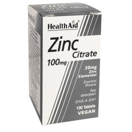 Health Aid Zinc Citrate 100mg, Συμπλήρωμα Διατροφής με Ψευδάργυρο για τη Φυσιολογική Λειτουργία του Ανοσοποιητικού 100tabs