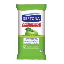 Septona Antibacterial, Αντιβακτηριδιακά Μαντήλια Χεριών με Άρωμα Πράσινο Μήλο 15τμχ