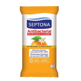 Septona Antibacterial, Αντιβακτηριδιακά Μαντήλια Χεριών με Άρωμα Ανθός Πορτοκαλιού, 15 τεμάχια