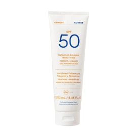 Korres Yoghurt Sunscreen Face & Body SPF50, Αντηλιακό Γαλάκτωμα Σώματος & Προσώπου με Γιαούρτι και  SPF50 ιδανικό για ευαίσθητες επιδερμίδες, 250ml