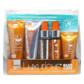 Intermed Luxurious Sun Care Travel Kit, Πακέτο Αντηλιακής Προστασίας με Υαλουρονικό Οξύ 5 Προϊόντα Αντηλιακής Προστασίας σε Ειδικό Μέγεθος με Διάφανο Τσαντάκι 5τμχ