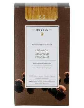 Korres Argan Oil Advanced Colorant Νο 8.3 Ηoney Light Blonde, Bαφή Μαλλιών - 8.3 - Ξανθό Ανοιχτό Xρυσό/Μελί (Κρέμα βαφή 50ml + Γαλάκτωμα ενεργοποίησης 75ml + Κρέμα μαλλιών 20ml)