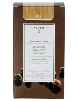Korres Argan Oil Advanced Colorant Νο 8.7 Τoffee, Bαφή Μαλλιών - 8.7 - Kαραμέλα (Κρέμα βαφή 50ml + Γαλάκτωμα ενεργοποίησης 75ml + Κρέμα μαλλιών 20ml)