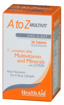 Health Aid A to Z Multivit and Minerals with Lutein Vegan, Πλήρες Συμπρήρωμα Βιταμινών, καλύπτει όλες τις ανάγκες 30Veg Tabs