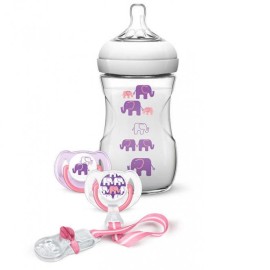 Philips Avent Promo Elephant Pack, Πλαστικό Μπιμπερό σε χρώμα Ροζ-Μωβ από 1 μηνών και Άνω 260ml & 2 Πιπίλες Σιλικόνης & 1 Κλιπ Πιπίλας