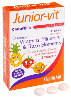 Health Aid Junior Vit, Συμπλήρωμα με Πολυβιταμίνες + Μέταλλα με γεύση Tutti Frutti, 30 Μασώμενα Δισκία