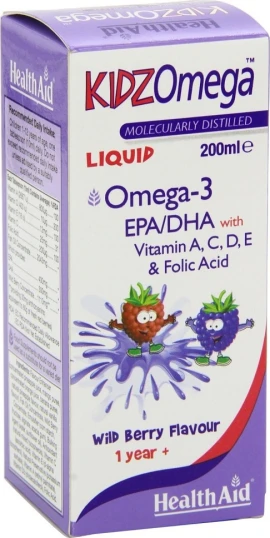 Health Aid KIDZ Omega 3 -Liquid Wild Berry, Συμπλήρωμα με Ωμέγα 3 & Βιταμίνες με γεύση Βατόμουρο 200ml