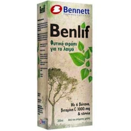 Bennett Pharmaceuticals Benlif Adults, Φυτικό σιρόπι για το λαιμό με στέβια και βιταμίνη C 1000 mg, 200ml