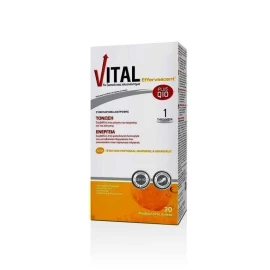 Vital Plus Q10 Effervescent, Αναβράζον Συμπλήρωμα Διατροφής με Εκχυλίσματα Ginzeng & Συνένζυμο Q10, με Γεύση από 3 Εσπεριδοειδή, 30 eff.tabs