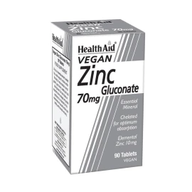 Health Aid Zinc Gluconate 70mg, Συμβάλλει στη διατήρηση της φυσιολογικής κατάστασης των οστών, δέρματος, ανοσοποιητικού & γονιμότητας 90tabs